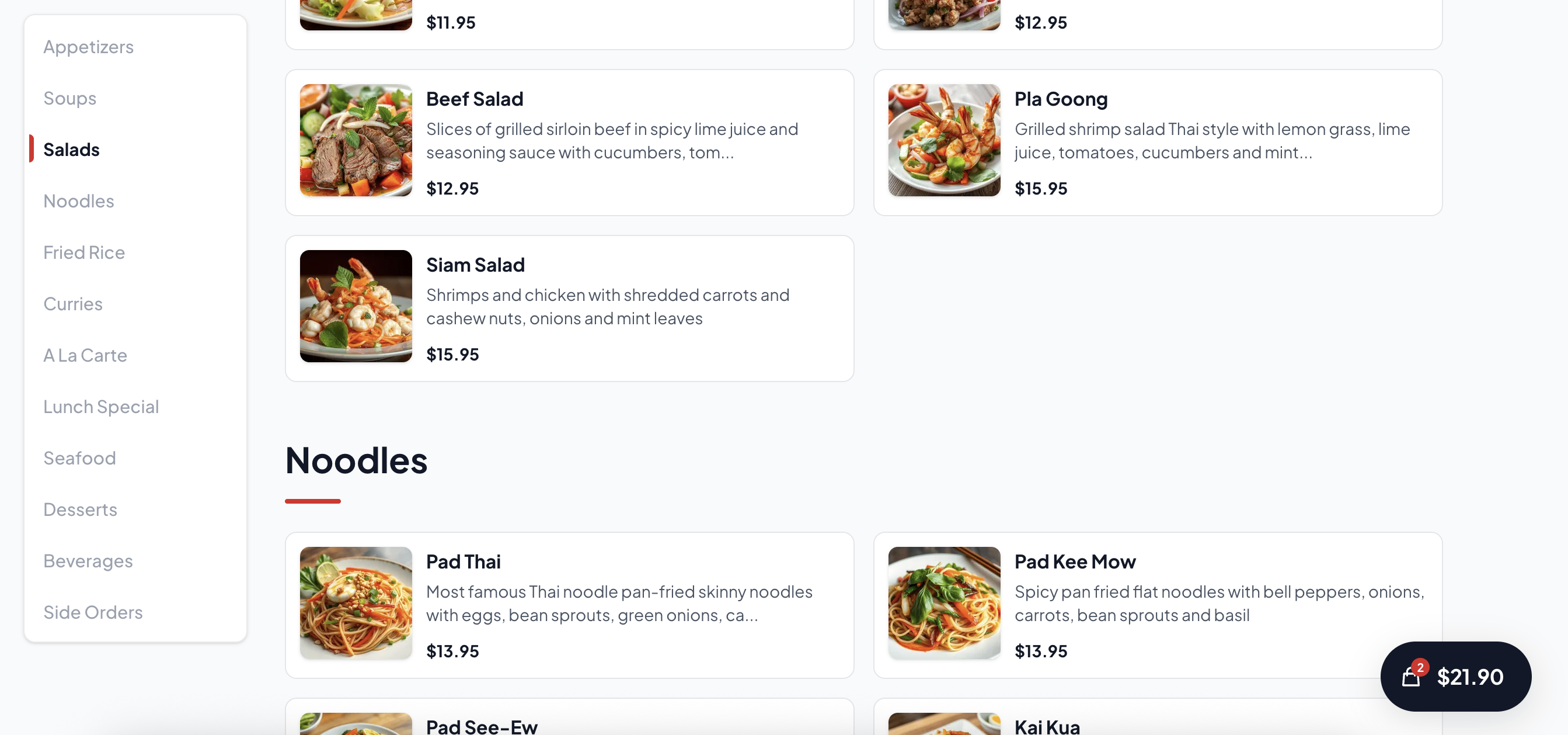 Modern restaurant ordering website example showing menu with images and prices